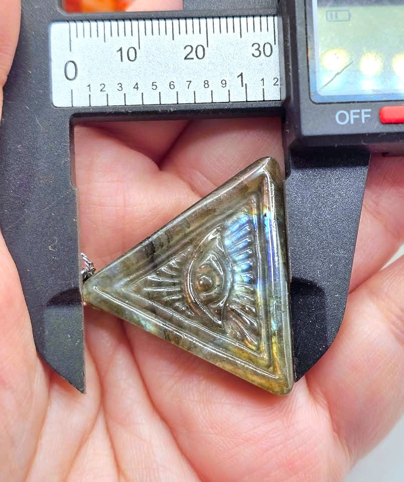 Labradorite Pyramid Pendant with Masonic All‑Seeing Eye • Strong Flash Crystal Necklace • 1.2" Spiritual Jewelry
