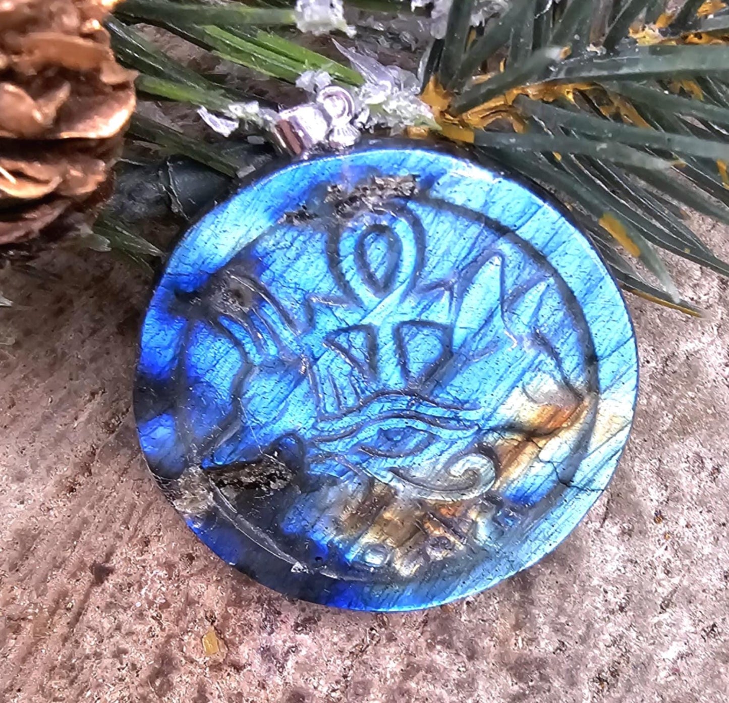 Nature Labradorite Carved Flashy Egyptian Symbols Pendant Necklace