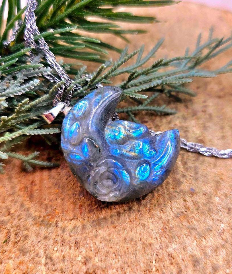 Nature Labradorite Flashy Sleeping Rabbit On Blossom Moon Pendant Necklace