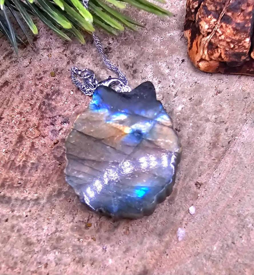Nature Labradorite Flashy Forest God Portrait Pendant Necklace