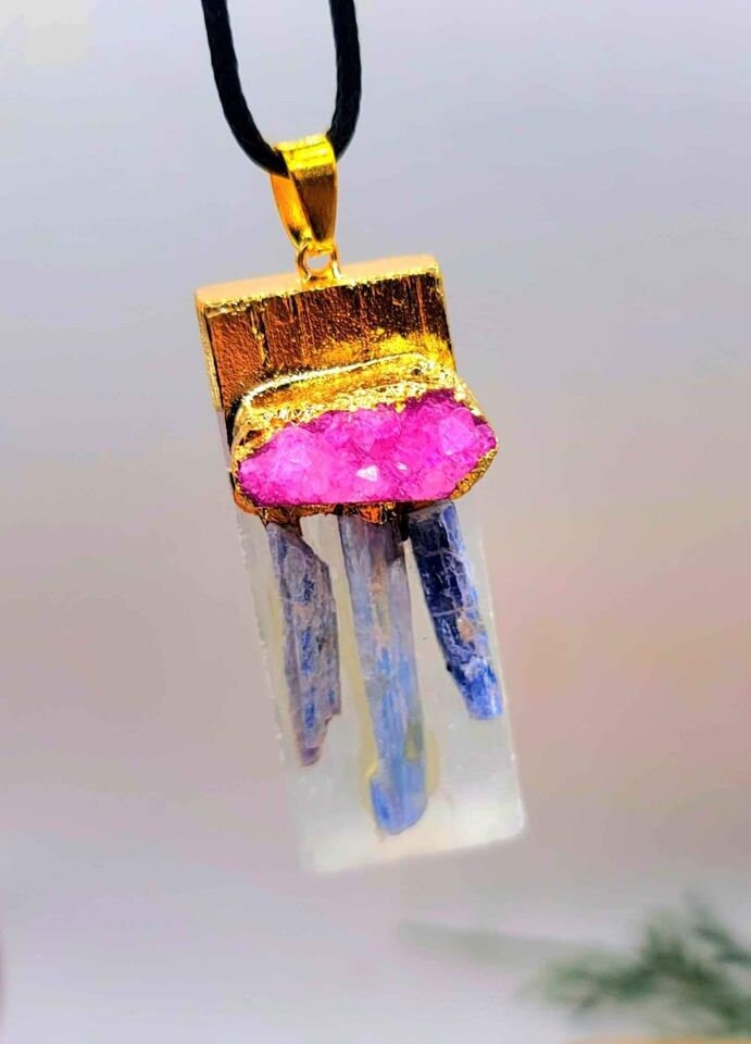 Beautiful Nature Selenite With Kyanite and Pink Geode Gold Cap Pendant Necklace