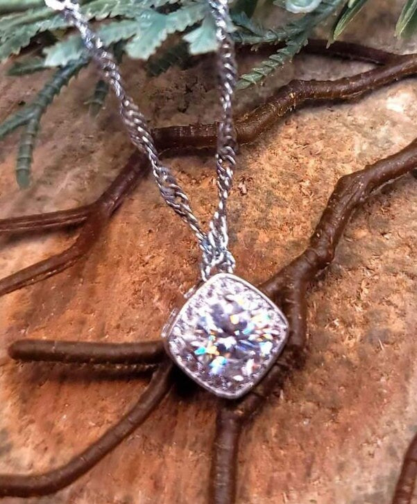 GRA 1ct D Certified Moissanite Diamond Square Charm Pendant Necklace