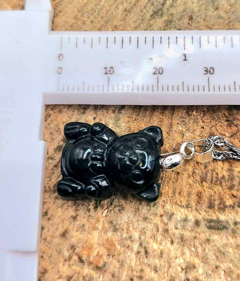 Certified Nature Dark Jade Carved Cute Bear With Bow Pendant Necklace