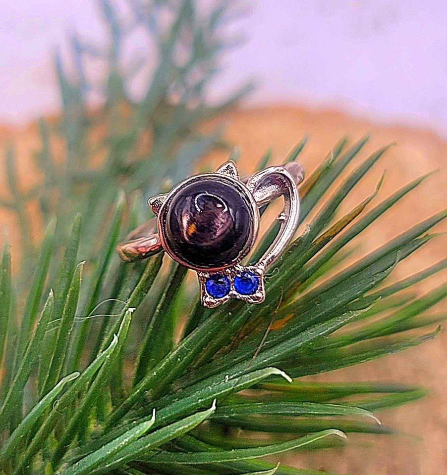 Nature Silver Hypersthene Cute Walking Cat Design Adjustable Ring
