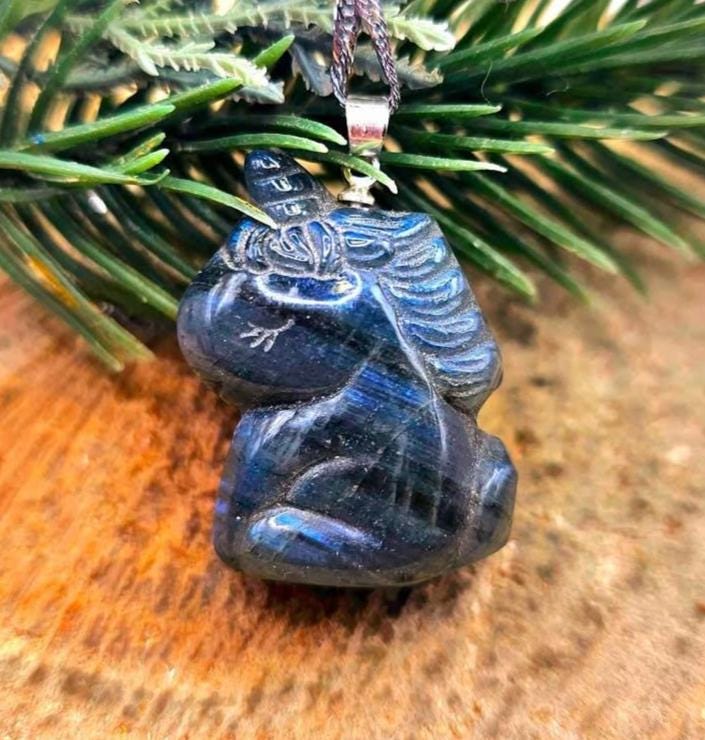 Nature Labradorite Flashy Sleeping Unicorn Pendant Necklace