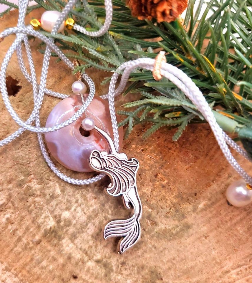 Beautiful Nature Cherry Blossom Agate Donut Swimming Mermaid Pearl Accent Necklace