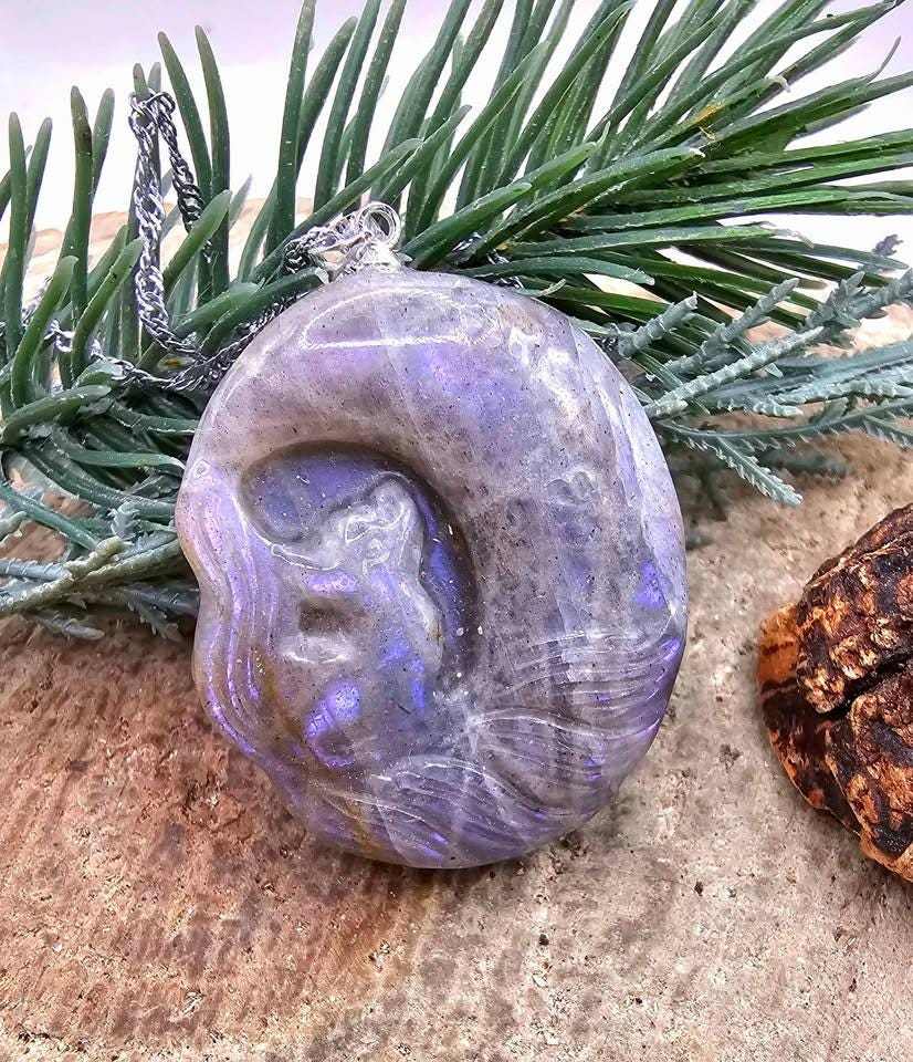 Nature Labradorite Carved Flashy Nine Tails fox On Moon Pendant Necklace