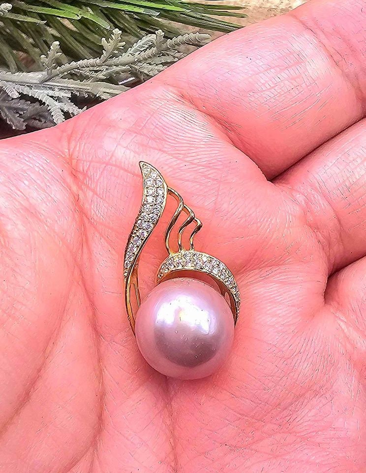 Nature Pinkish Purple Pearl S925 CZ Stone Pendant Necklace