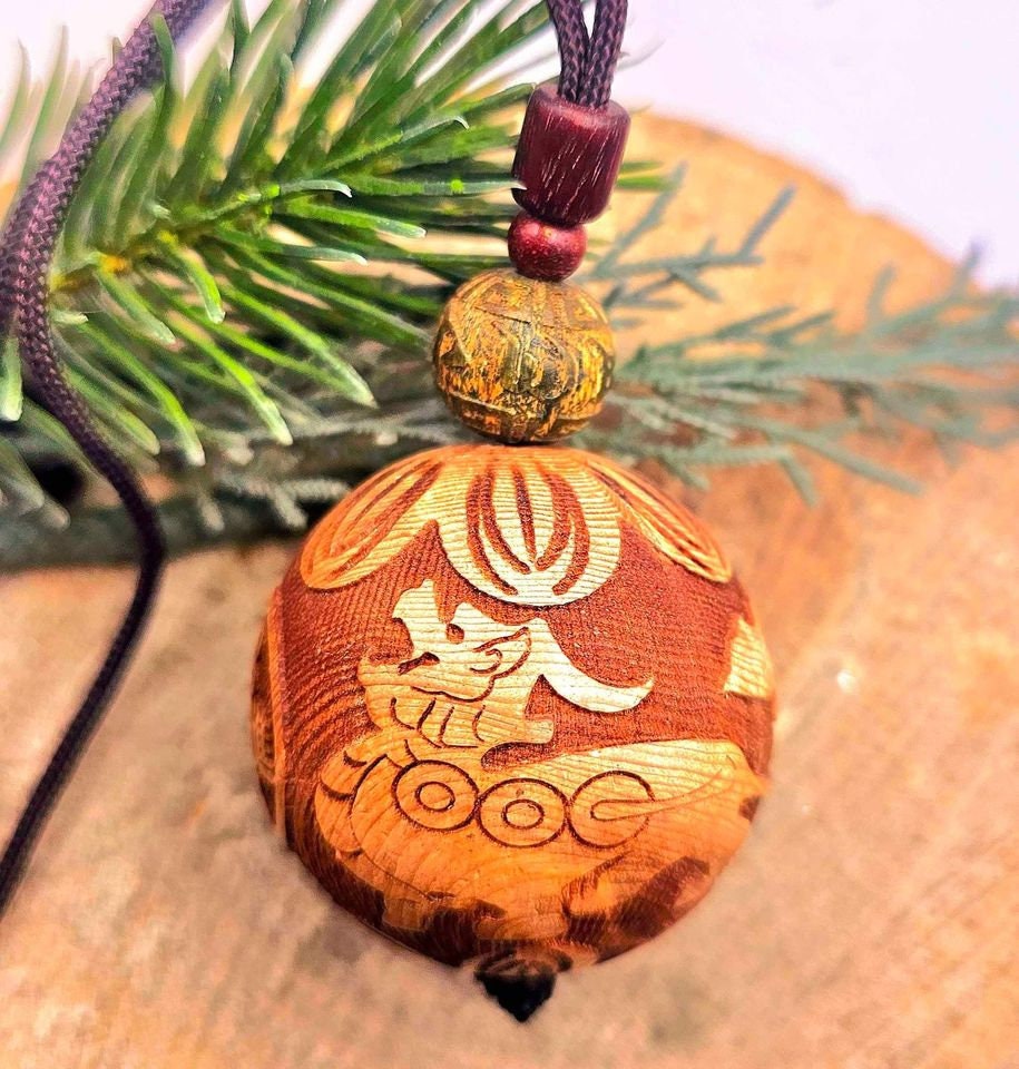 Nature Wood Hand Craved 1.8" Jumbo Size Pi Xiu Lotus Flower Bead Pendant Necklace