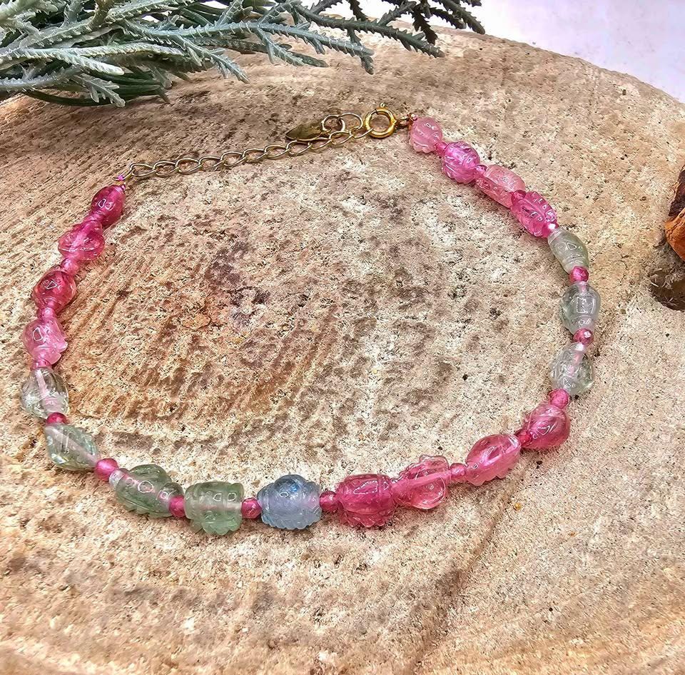 Premium Grade Nature Tourmaline Hand Carve Ruffled Candy 925 Bracelet