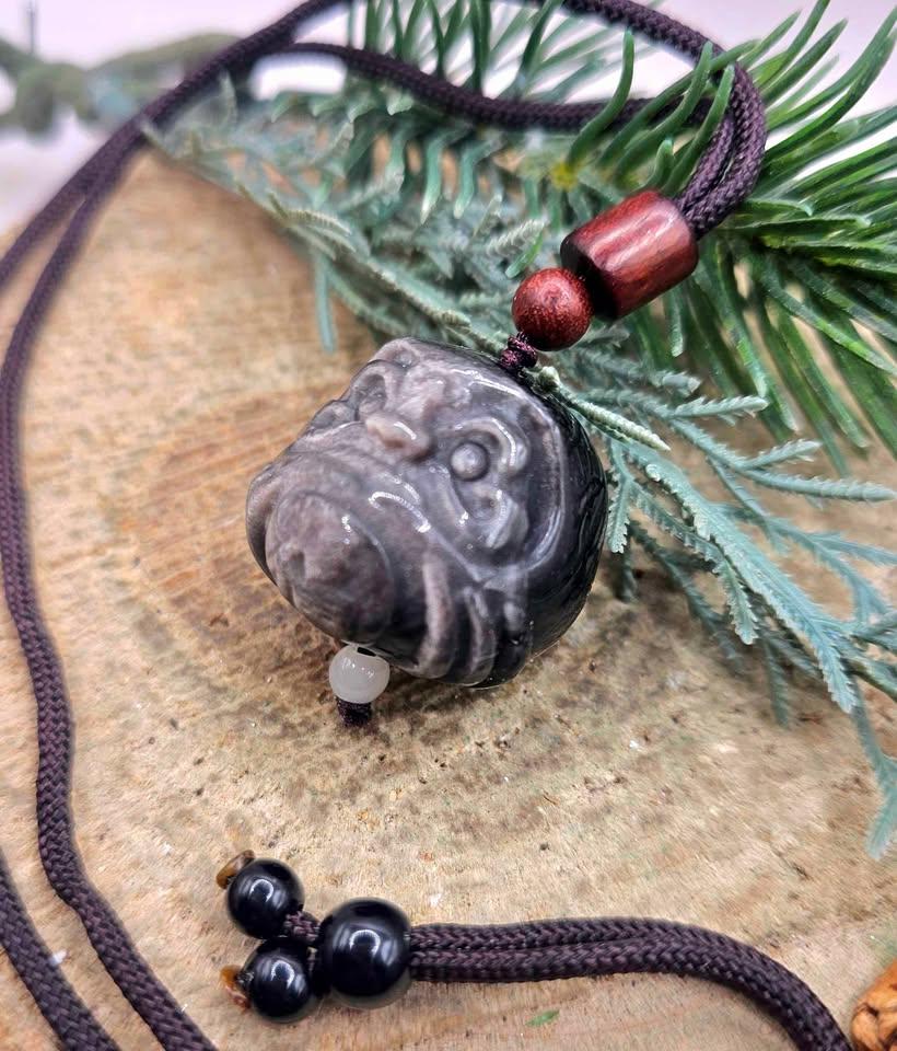 Nature Silver Obsidian Cat Eye Flash Daruma Doll Pendant Necklace