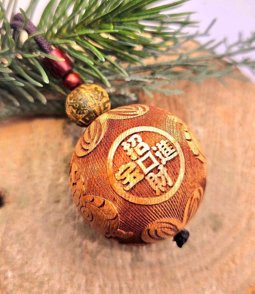 Nature Wood Hand Craved 1.8" Jumbo Size Pi Xiu Lotus Flower Bead Pendant Necklace