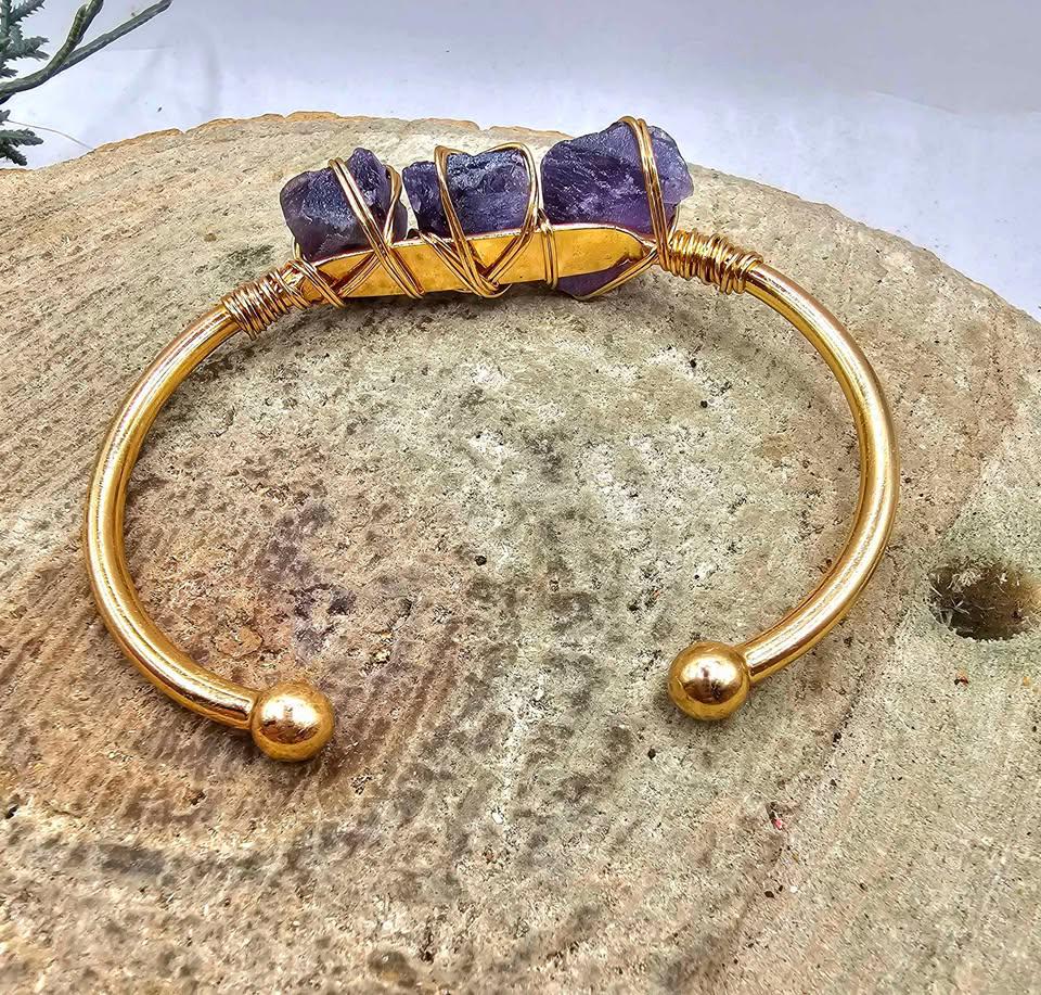 Nature Amethyst Polished Stone Wire Wrapped Open Bangle