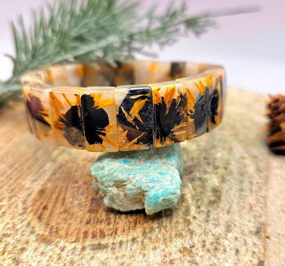 Premium Gold Rutilated Titanium Flower Rectangular Beads Feng Shui Bracelet