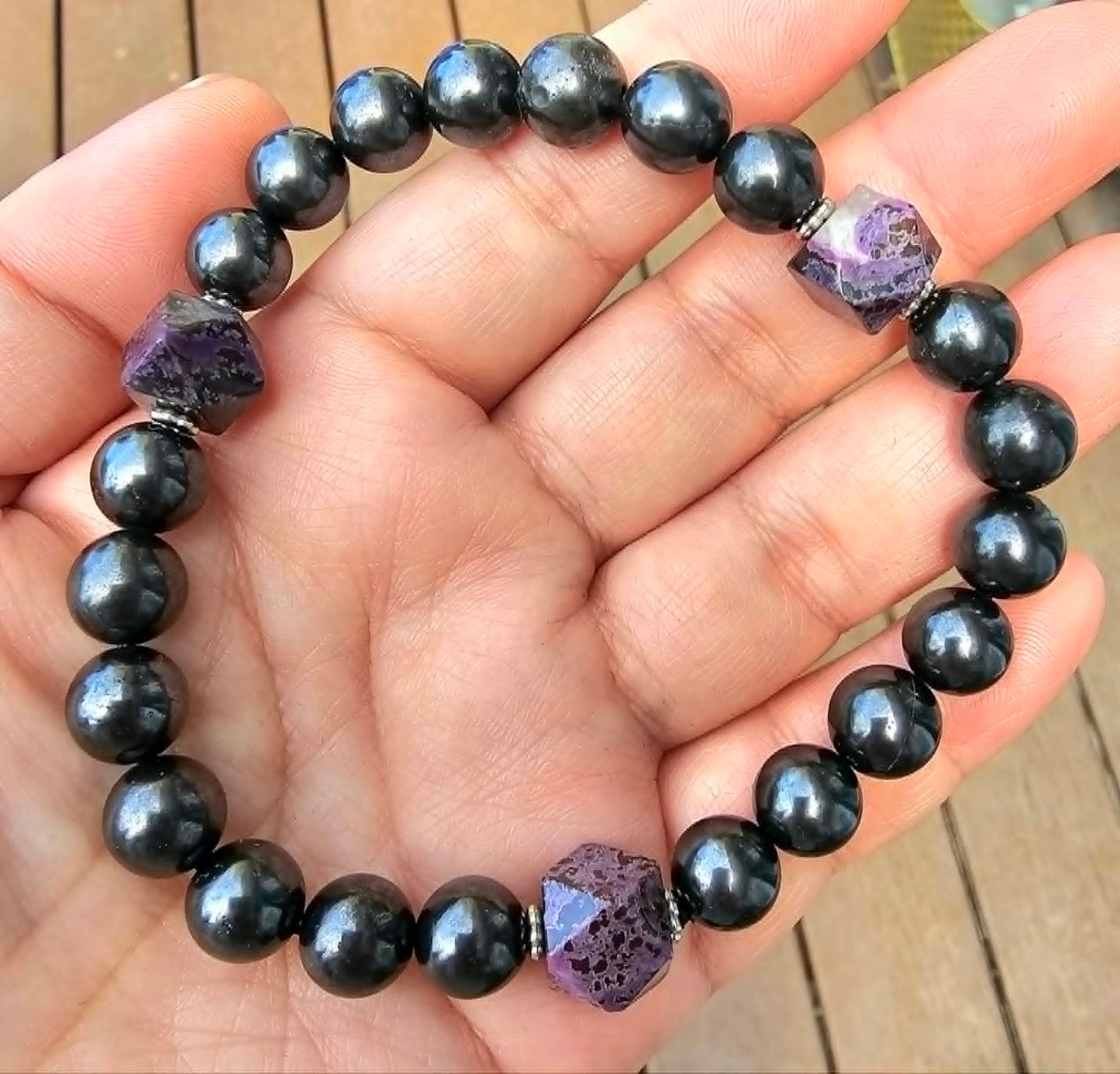 Custom Iron Sugilite Bracelet – Natural Iron Sugilite Round Beads with 3 Purple Sugilite Accent Stones