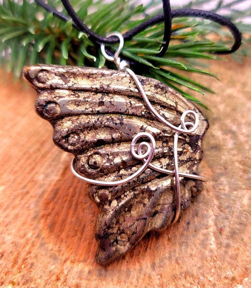 Nature Gold Pyrite Big Butterfly Wing Pendant Necklace