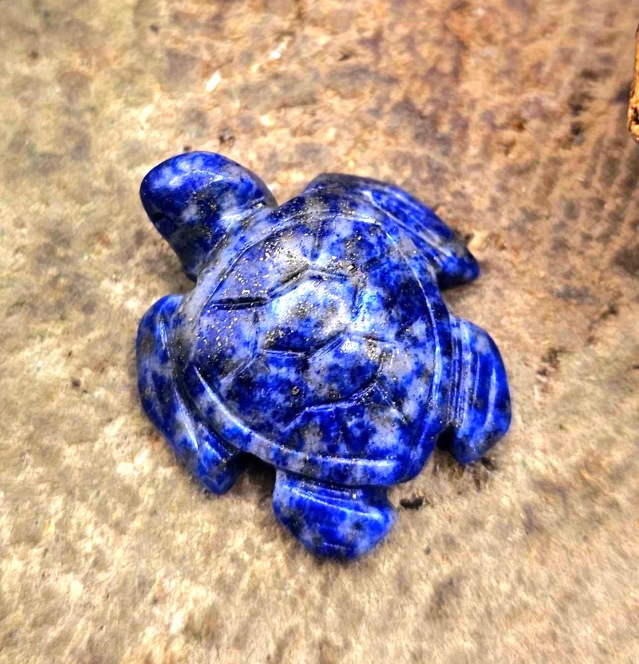 Nature Lapis Lazuli Carved Cute Turtle Wire Wrapped Pendant Necklace