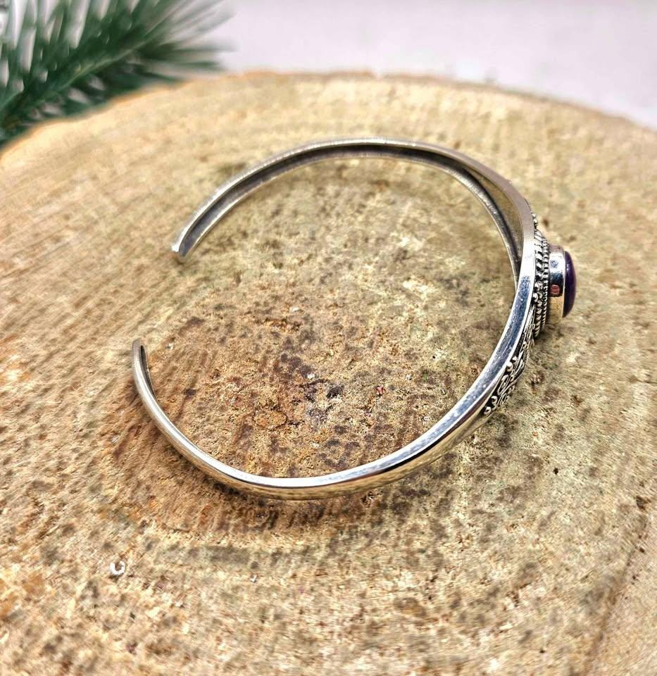 Nature Sugilite Sterling Silver S925 Stamped Cuff Bangle