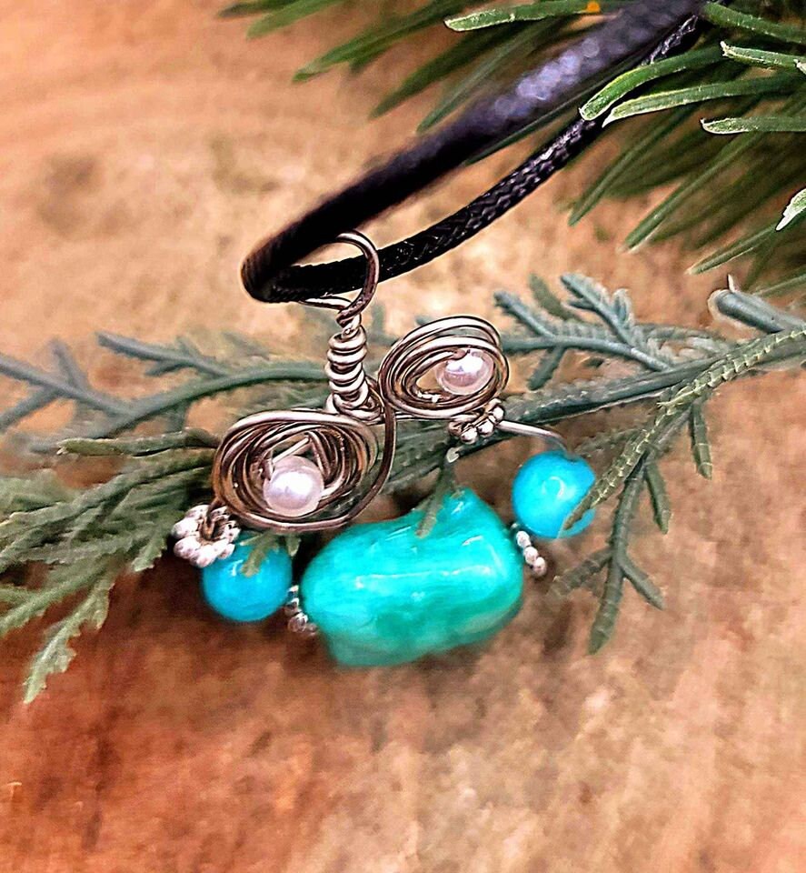 Beautiful Nature Amazonite Hand Carved Rabbit Wire Wrapped Pendant Necklace