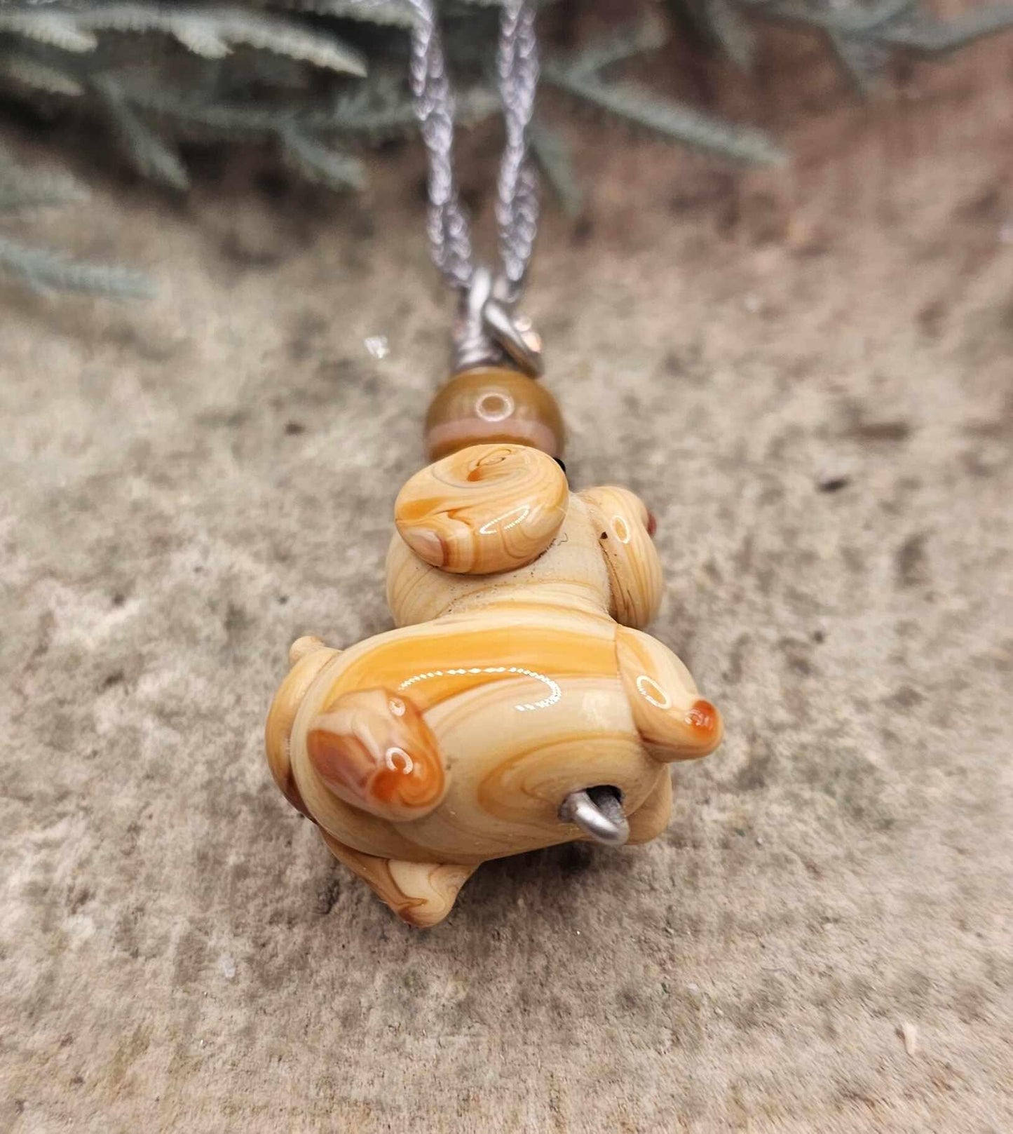 Cute Venetian Glass Hand Blown Dog & Agate Pendant Necklace