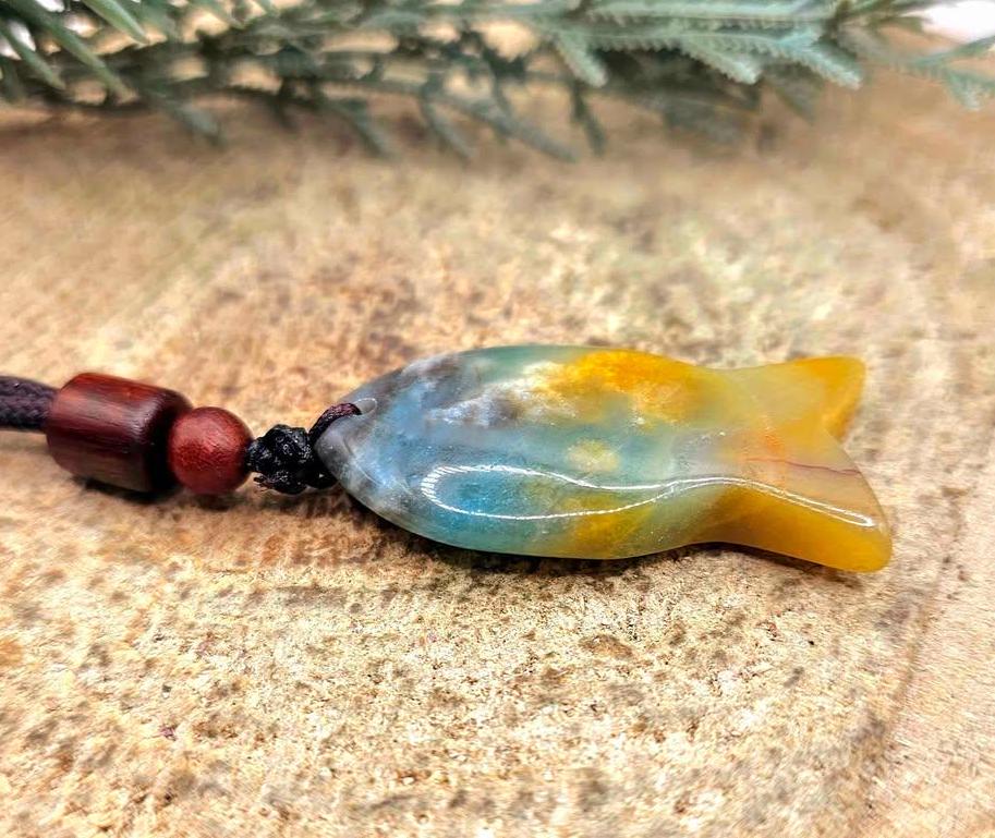 Nature Ocean Jasper Agate Colorful Fish Pendant Necklace