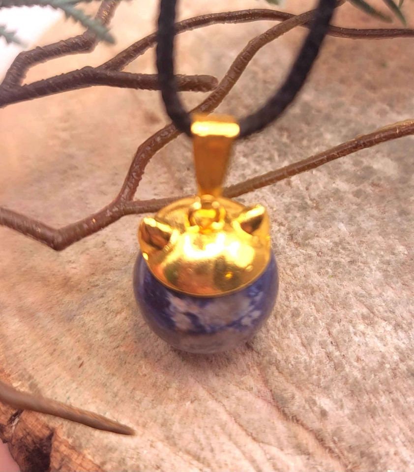 Beautiful Nature Blue Sodalite Sphere With Cat Cab Pendant Necklace