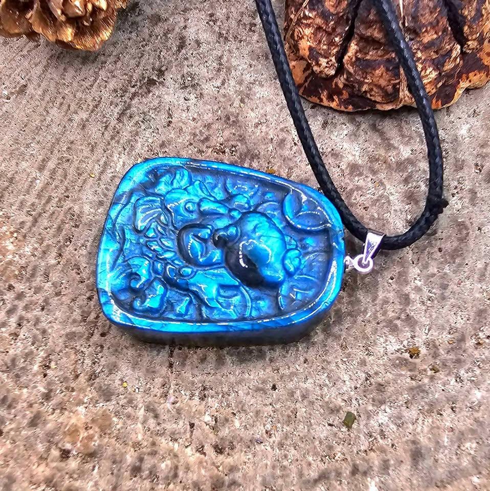 Nature Labradorite Lucky Cat On Carp Pendant Necklace