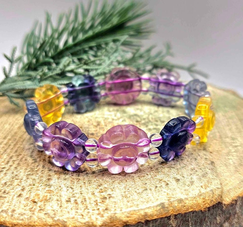 Beautiful Nature Rainbow Fluorite Happy Sunflower Bracelet
