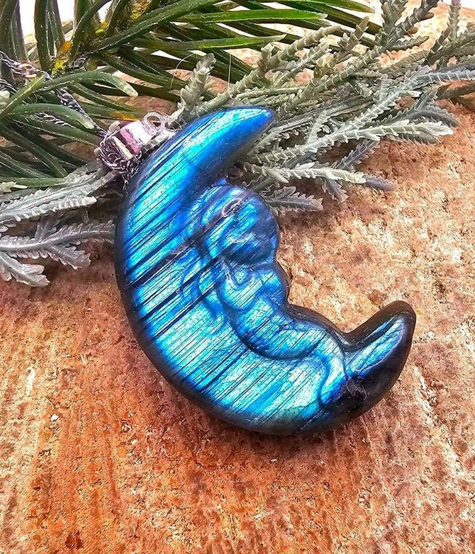 Nature Labradorite Carved Mermaid Sleeping On Moon Pendant Necklace