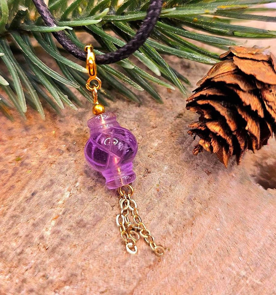 Unique Nature Amethyst Hand Carved Oriental Lantern Pendant Necklace