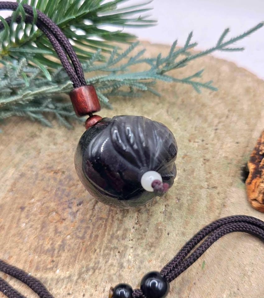 Nature Silver Obsidian Cat Eye Flash Daruma Doll Pendant Necklace