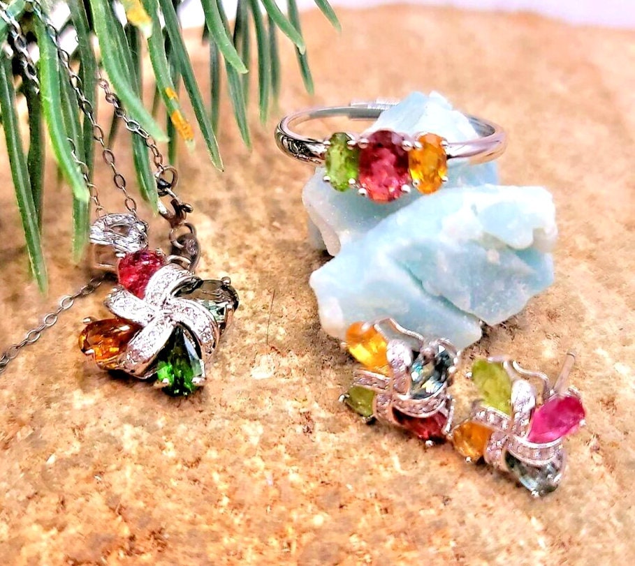 Beautiful Set Of 4pcs Nature Tourmalines Windwill S925 Jewelry Set