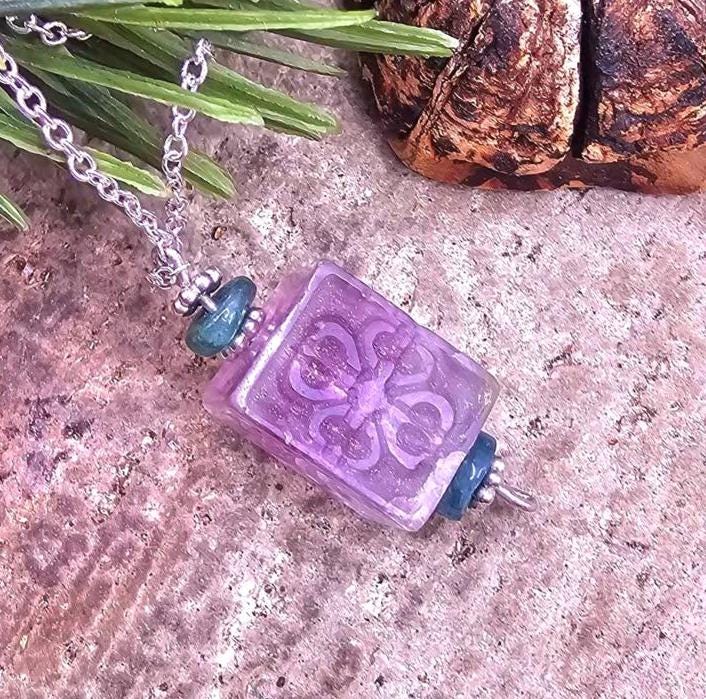 Nature Fluorite Carved Fret Symbols Cube Pendant Necklace