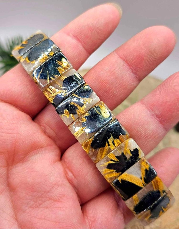 Premium Gold Rutilated Titanium Flower Rectangular Beads Feng Shui Bracelet