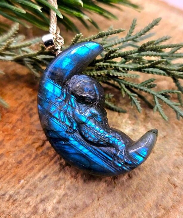 Nature Labradorite Carved Mermaid Sleeping On Moon Pendant Necklace