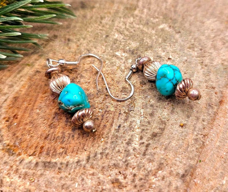 Beautiful Nature Turquoise Raw Stone Sterling S925 Dangle Earring