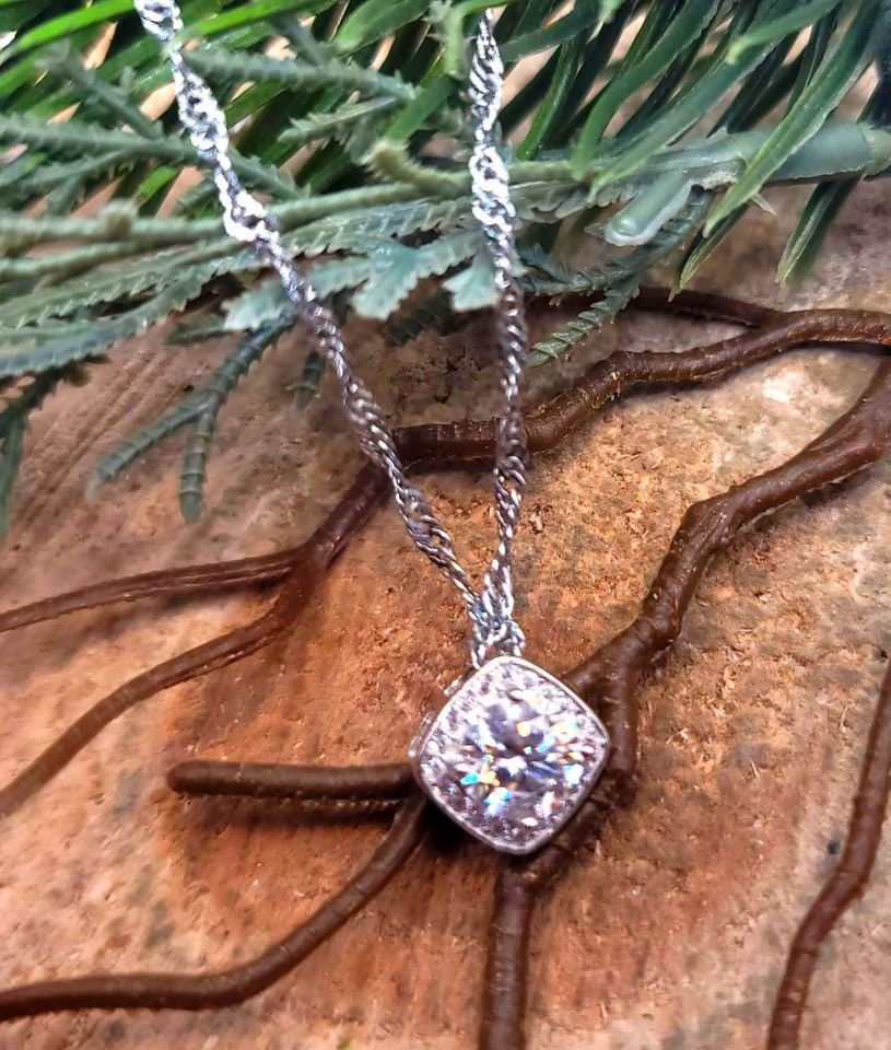 GRA 1ct D Certified Moissanite Diamond Square Charm Pendant Necklace