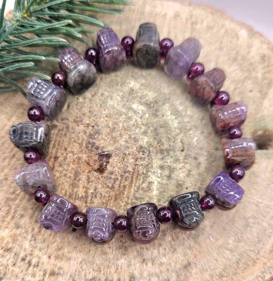 Rare Nature Auralite 23 Hand Carved Pi Xiu Purple Garnet Feng Shui Bracelet