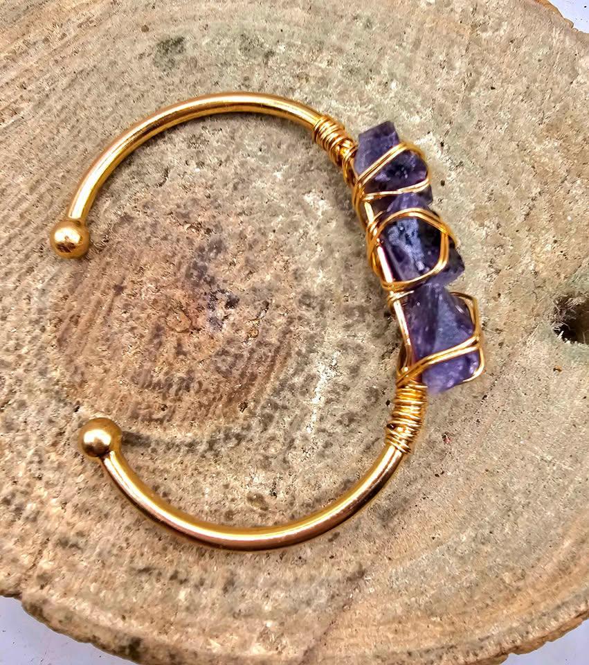 Nature Amethyst Polished Stone Wire Wrapped Open Bangle