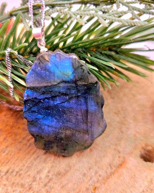 Beautiful Nature Labradorite Nine Tails Fox Cherry Blossom Pendant Necklace