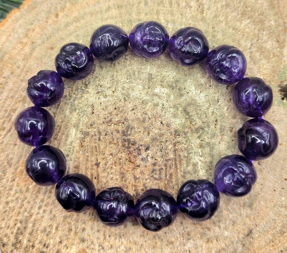 Rare Nature Amethyst Carved Happy Buddha Bead Bracelet
