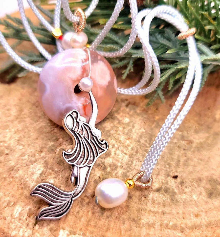 Beautiful Nature Cherry Blossom Agate Donut Swimming Mermaid Pearl Accent Necklace