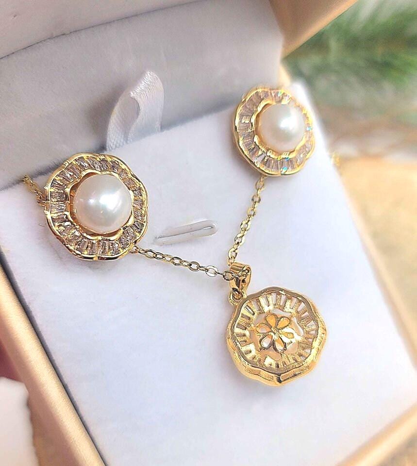 NIB Vintage Pearl CZ Inlaid 925 Flower Jewelry Set