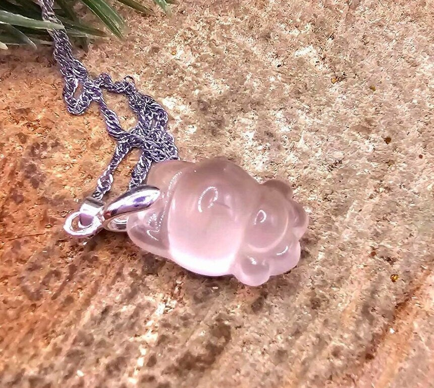 Adorable Nature Rose Quartz Hand Carved Rabbit Pendant Necklace