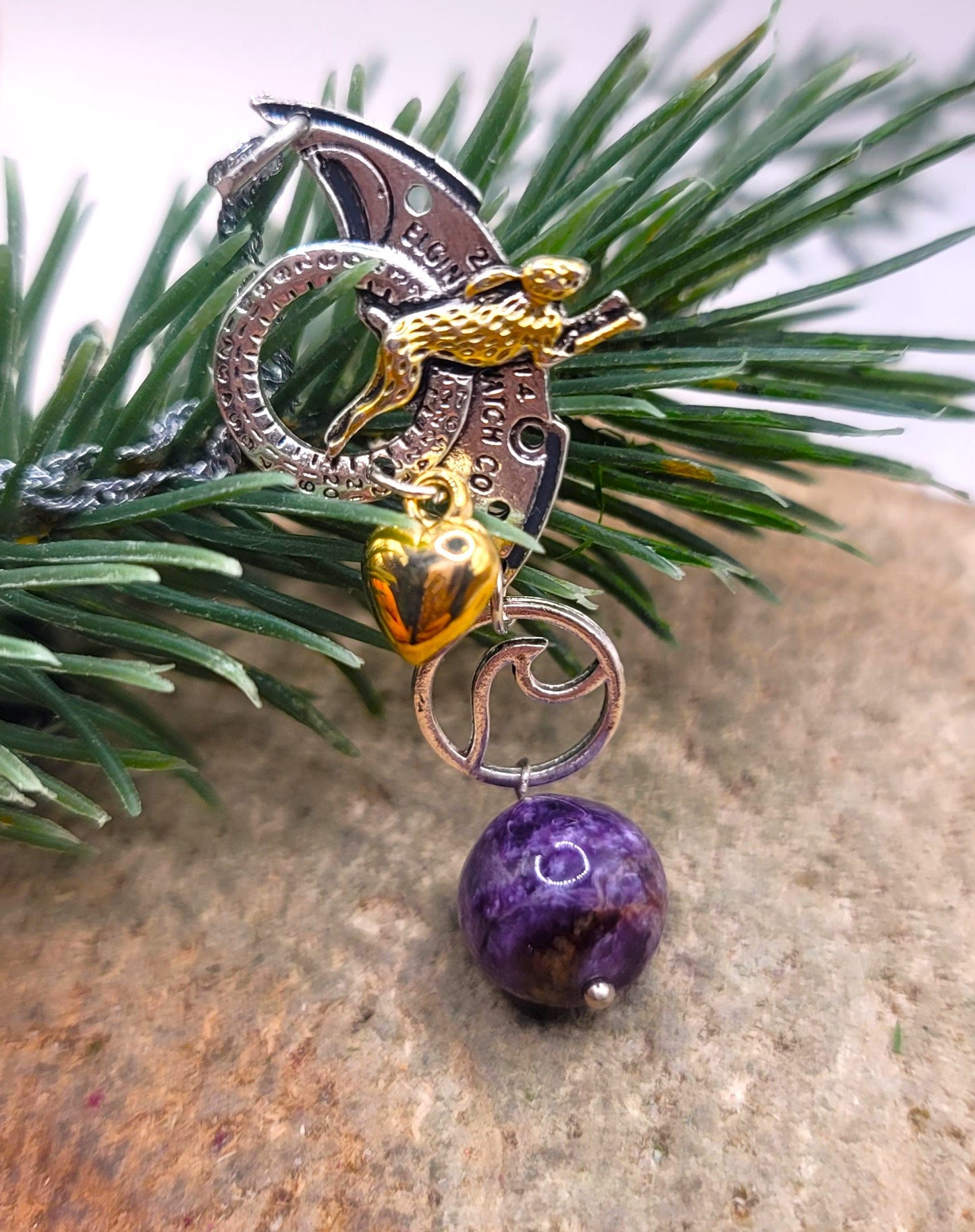 Nature Purple Charoite With Flying Rabbit Charm Pendant Necklace