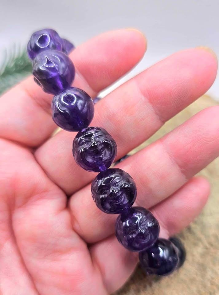 Rare Nature Amethyst Carved Happy Buddha Bead Bracelet