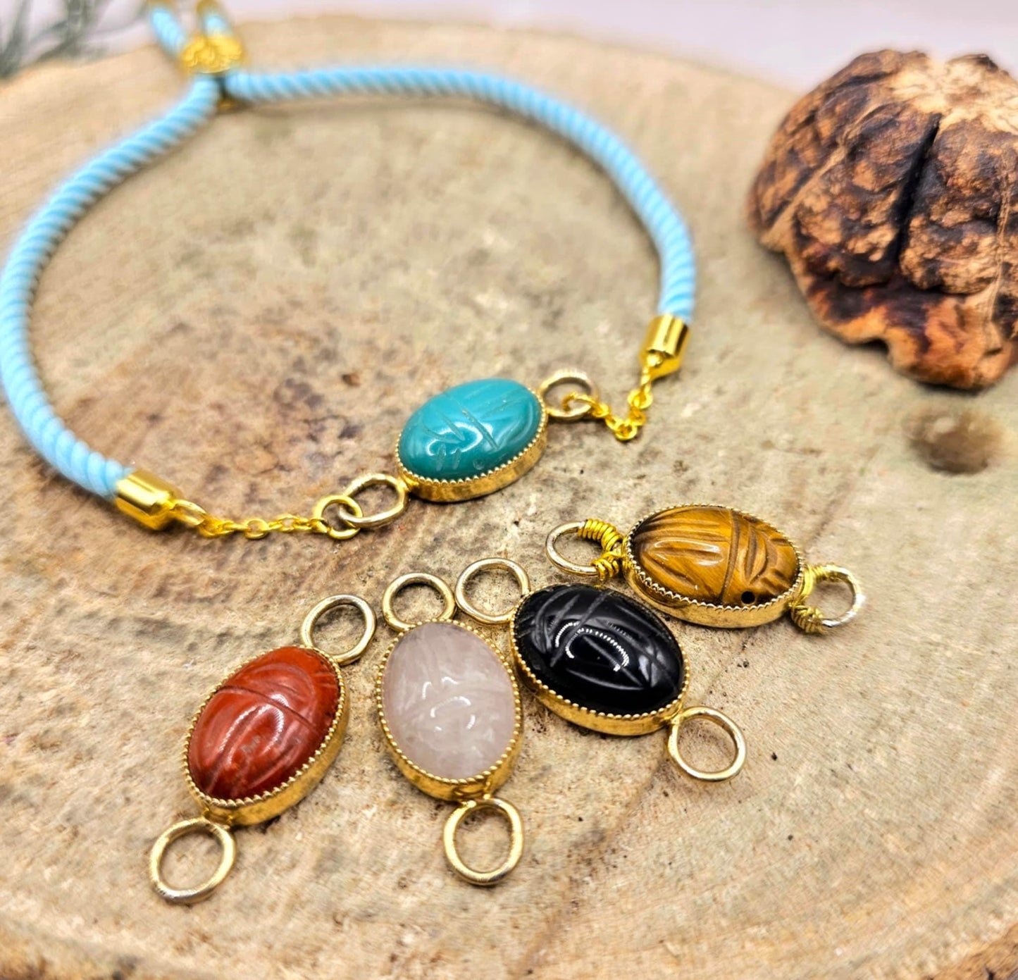 Nature Stone Hand Carved Scarab Beetle Hand Braided Bracelet