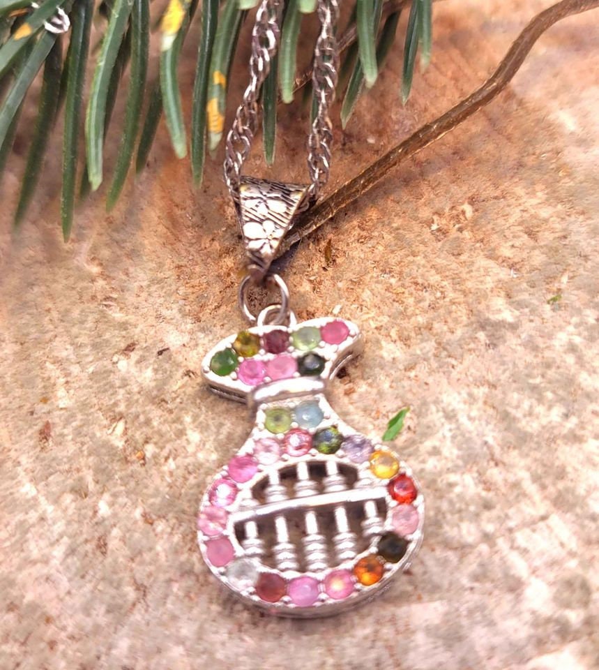Unique Nature Mixed Color Tourmalines Coin Bag Shape Abacus Pendant Necklace