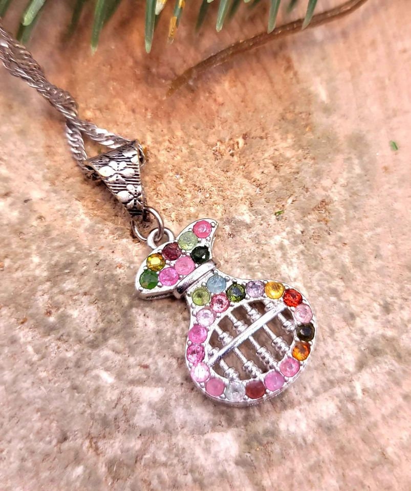 Unique Nature Mixed Color Tourmalines Coin Bag Shape Abacus Pendant Necklace