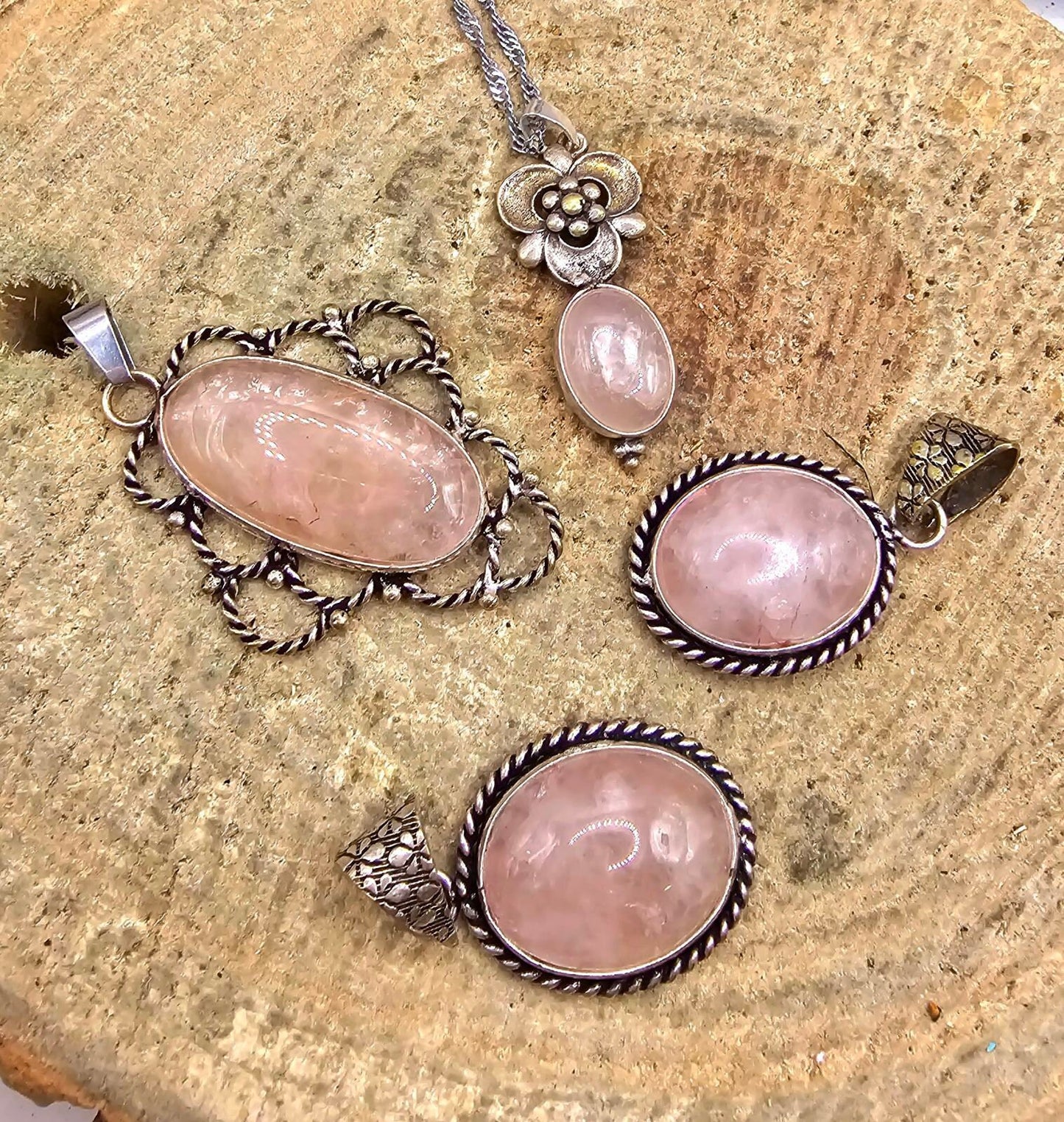 Nature Rose Quartz Sterling Pendant Necklace